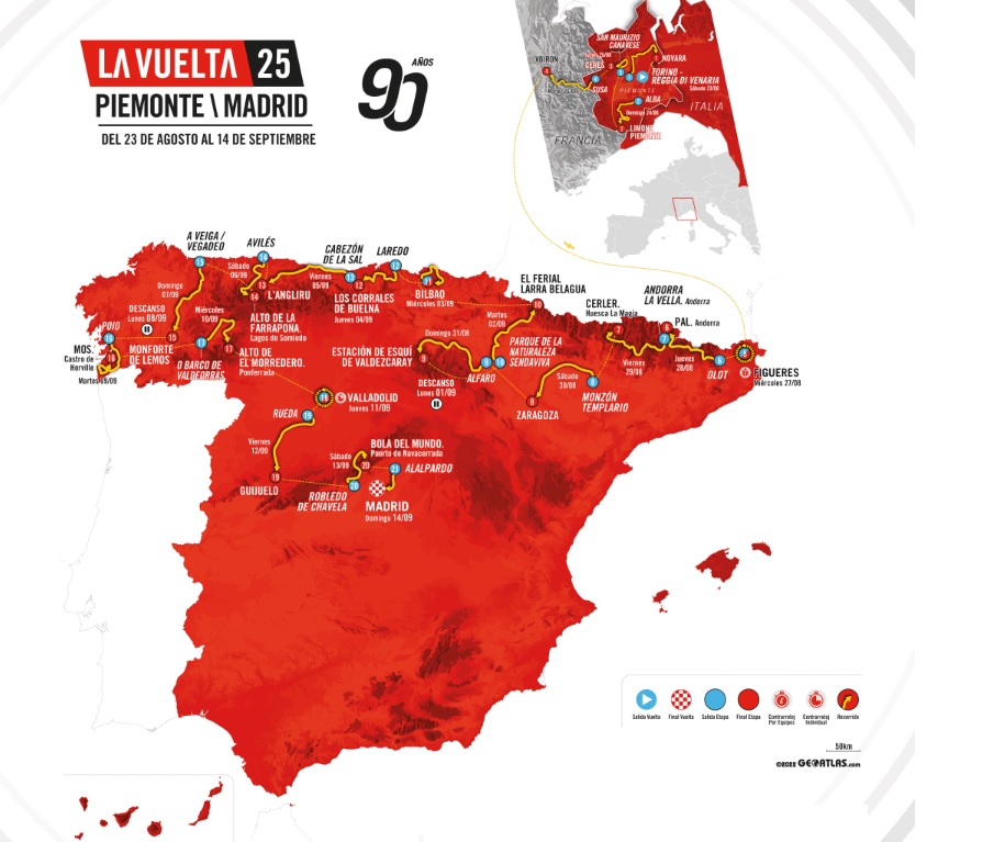 Carte du tour d'Espagne 2025 de l'Italie à Madrid en passant par la France.